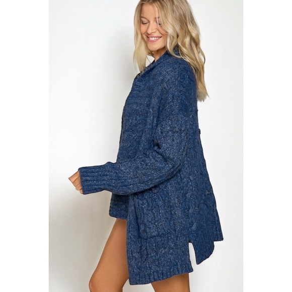 POL Dark Ocean Blue Cable Knit Cardigan - Picture 4 of 7